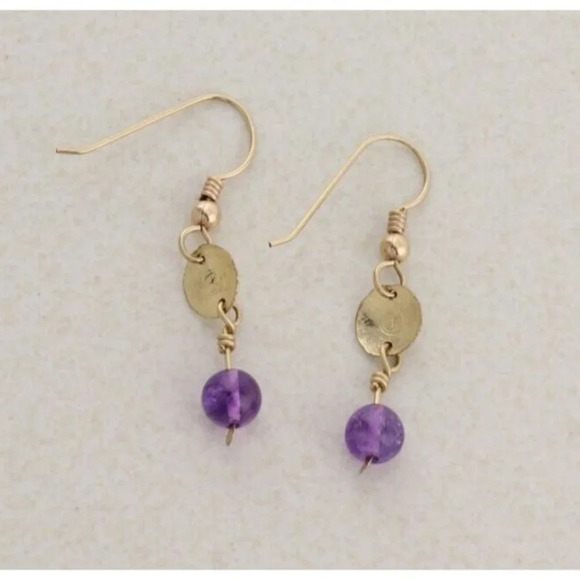 10k Yellow Gold Natural Amethyst Dangle Drop Earrings - Picture 7 of 7